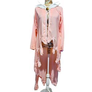 Cosplay Anime Pink Sparkly Jeweled Lace Hankerchief Hem White Wing Collar Robe